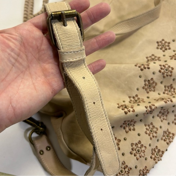 Errelleventidue Beige Italian Leather Handbag Tote Floral Print Studs Large - Picture 12 of 13
